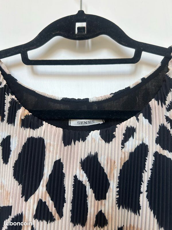 Robe ou tunique plissée SÉNÉS - imprimé animal noir, beuge camel, crème - TU jusqu’au 46 - neuve (image 3)