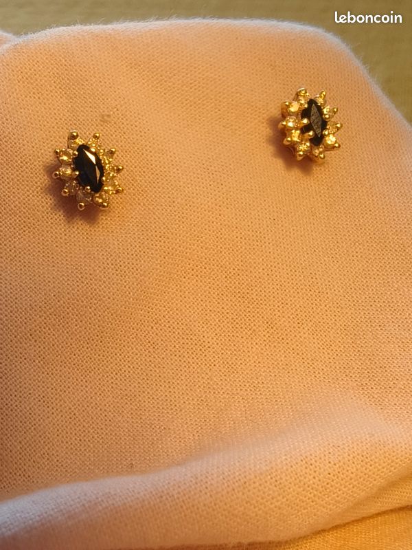Puces D'oreilles Pompadour En Or Jaune 18k Avec Saphir - Bijou Vintage - Occasion