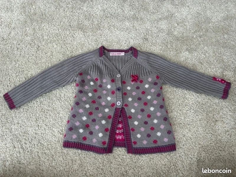 Demi-saison - Gilet en maille gris à pois rose et violet bébé fille - 18 mois - tom & kiddy (image 1)