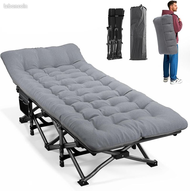YITAHOME Lit de Camping Pliant pour Adultes, Lit de Camp Portable Robuste et Résistant, Chaise Longue Confortable avec Matelas Plus Épais Capacité de 250 kg pour Voyage/Bureau/Extérieur, Noir