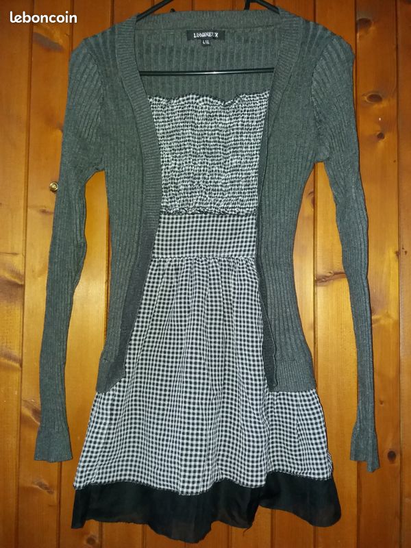 Pull gris femme empiecement tissus T44 (image 1)
