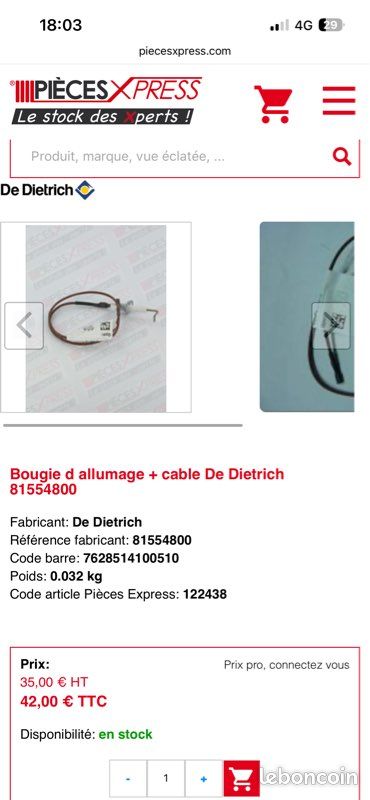 Bougie d allumage + cable De Dietrich 81554800 (image 3)