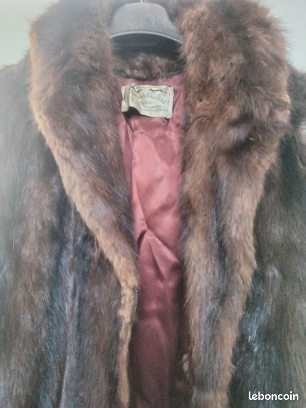 Manteau Long Vintage En Cuir Véritable Et Fourrure - Taille XL, Marron - Occasion Très Bon état