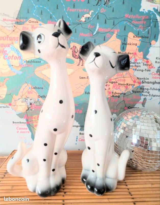 Charmant duo figurines vintage dalmatiens céramique blanche à pois noirs (image 1)
