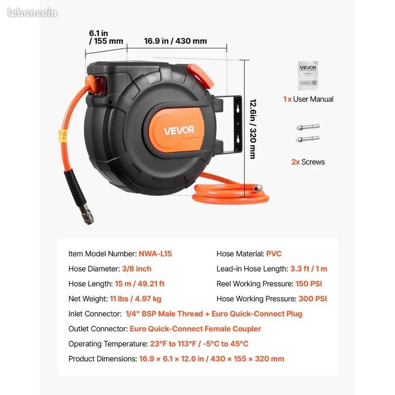SuperHandy Enrouleur de Tuyau à Air 3/8 x 15m Max 300PSI Construction