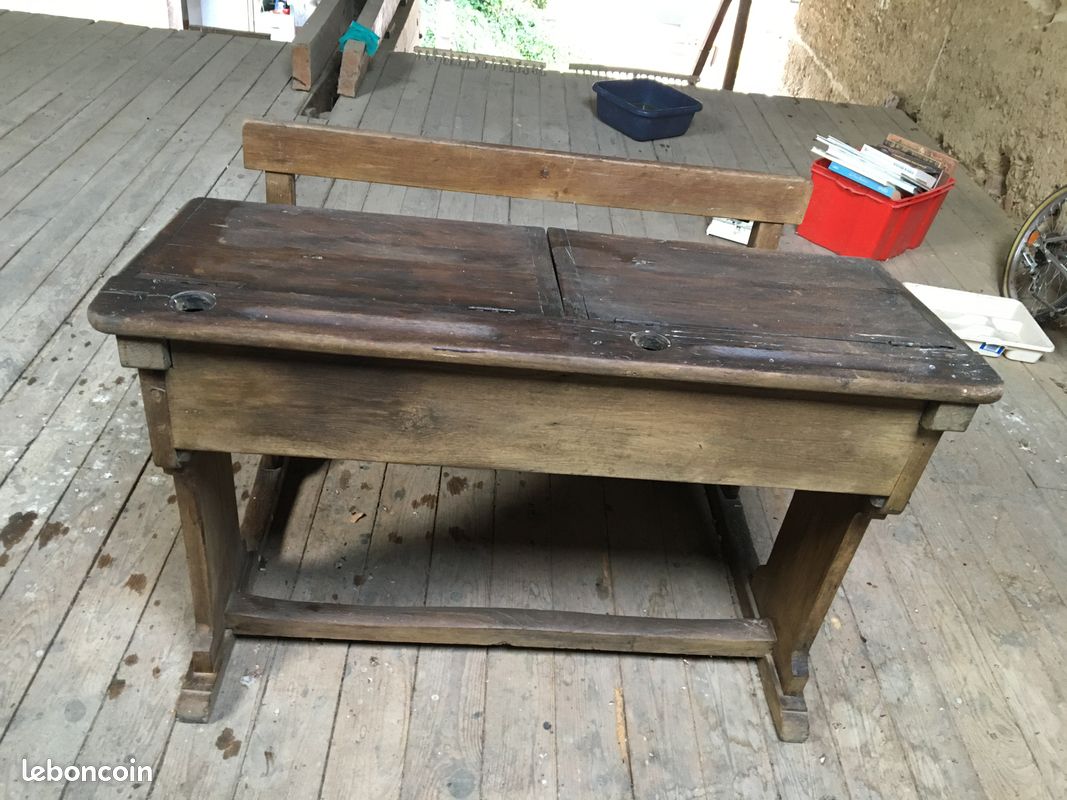 Ancien double pupitre/bureau d'écolier, en bois (image 2)