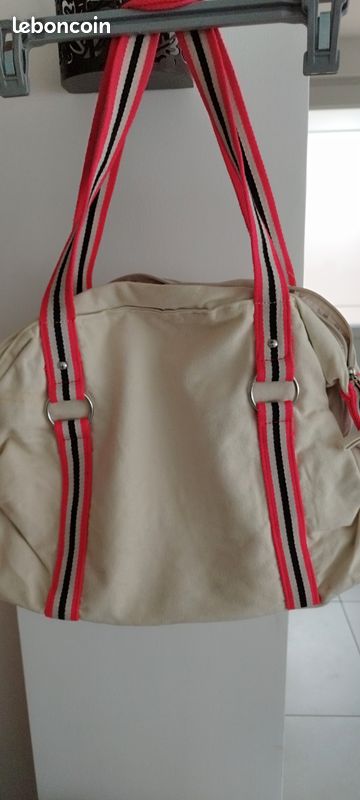 Sac:/Cabas "Jennyfer" en toile beige à rayures roses, écrues et noires - Doublé - 3 poches intérieures - Fermeture par fermeture éclair - Dimensions : 41cmX31cm env (image 2)