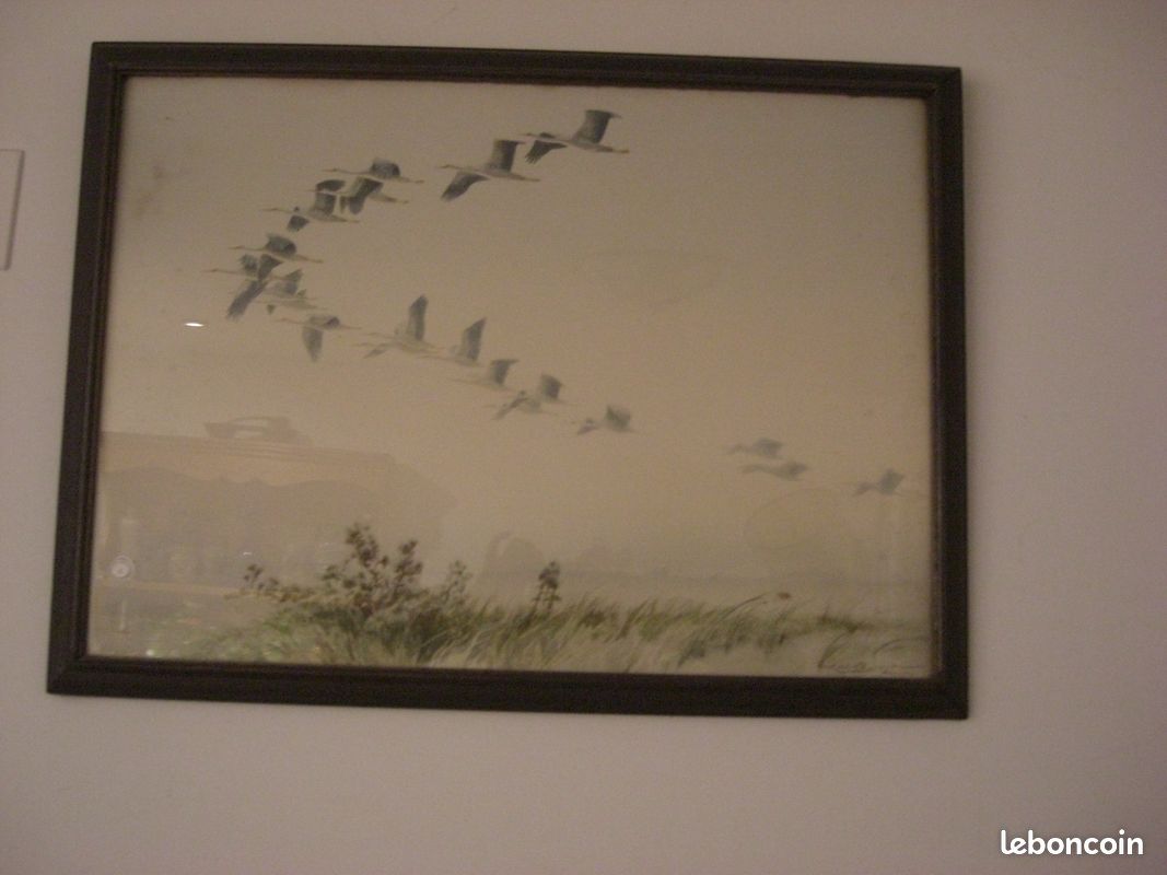 Grand tableau Ecole hollandaise XVIII, vol des grues cendrées, signé (image 1)