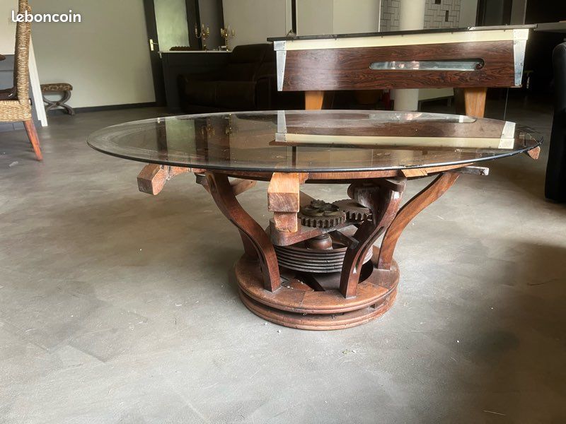 Table basse pièce unique ancien rouage en bois (image 5)