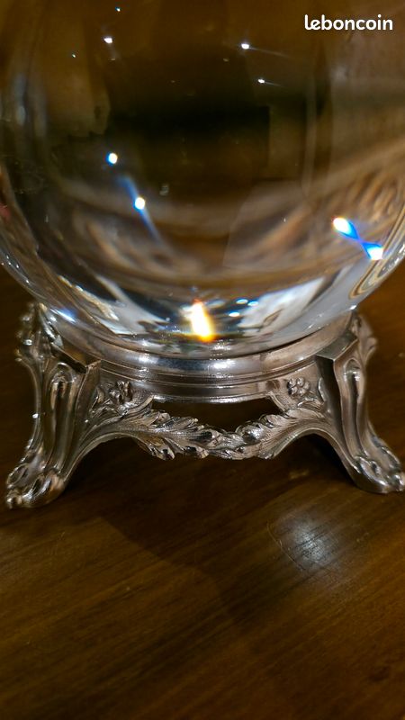 Ancienne Boule En Cristal Avec Support – Base Victorienne En Métal Doré (occasion)