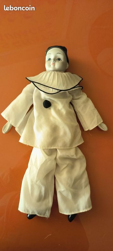 Poupon Artiste Pierrot Vintage PN France, Céramique Et Nylon, 20 Cm, Pièce Unique