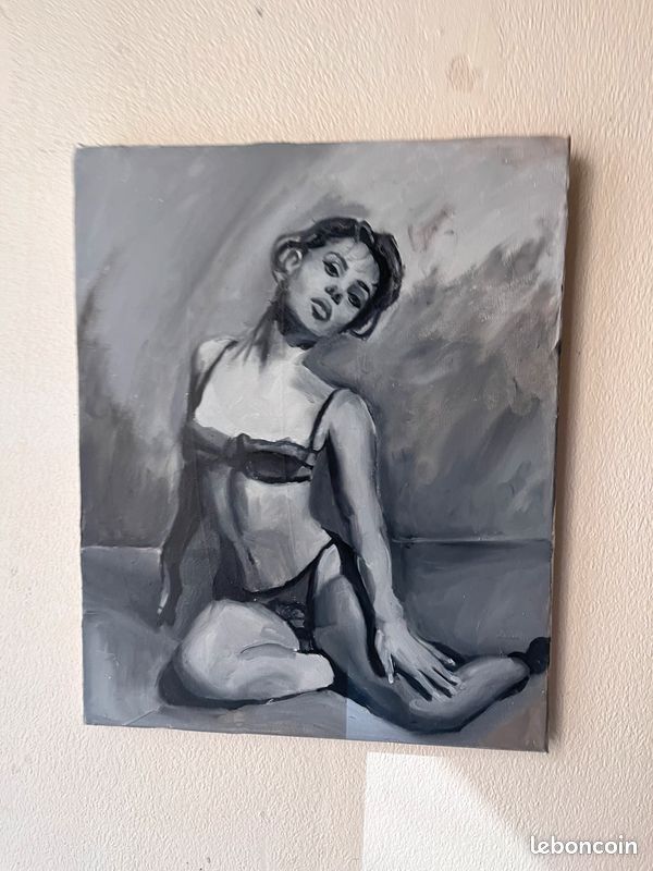 Tableau original Alexa demie noir et blanc, photo lingerie, acrylique sur toile, cadeau (image 1)