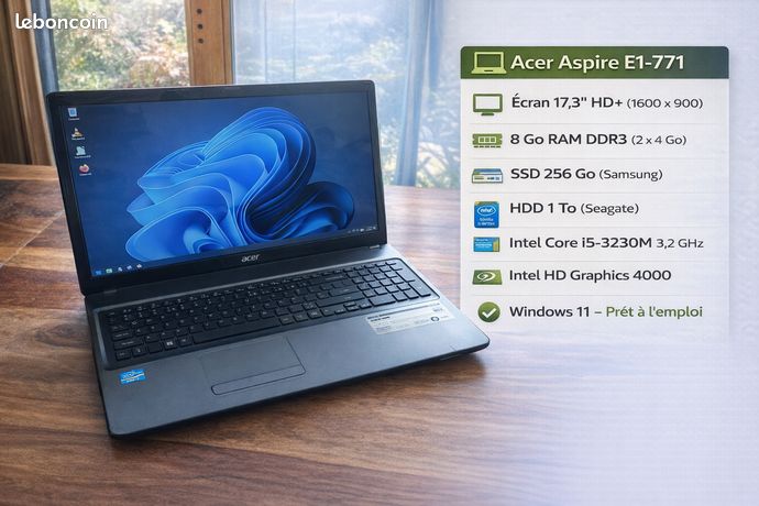 PC Portable Acer Aspire 17,3" Intel SSD 256Go Win11 Pro + Pack Office - Occasion