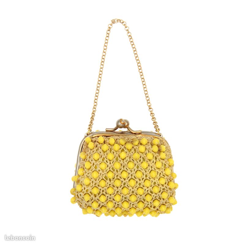 Porte-monnaie Vintage Années 60 en Perles Jaunes Citron, Fermoir Doré, Chaînette Amovible, Accessoire Rétro Élégant (image 2)