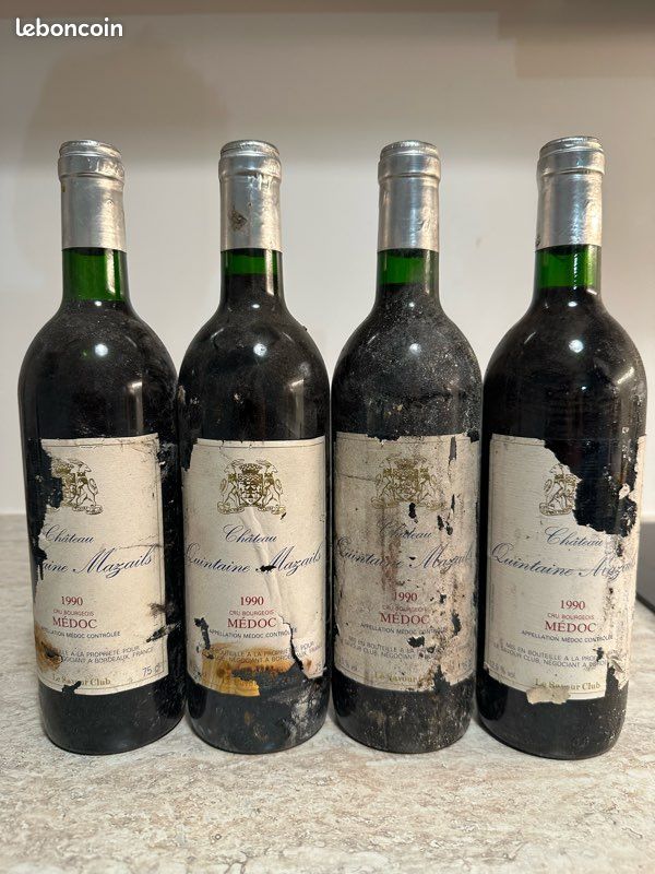 Lot de 4 Château QUINTAINE MAZAILS 1990 Cru Bourgeois / MÉDOC Étiquettes très abîmées (image 1)