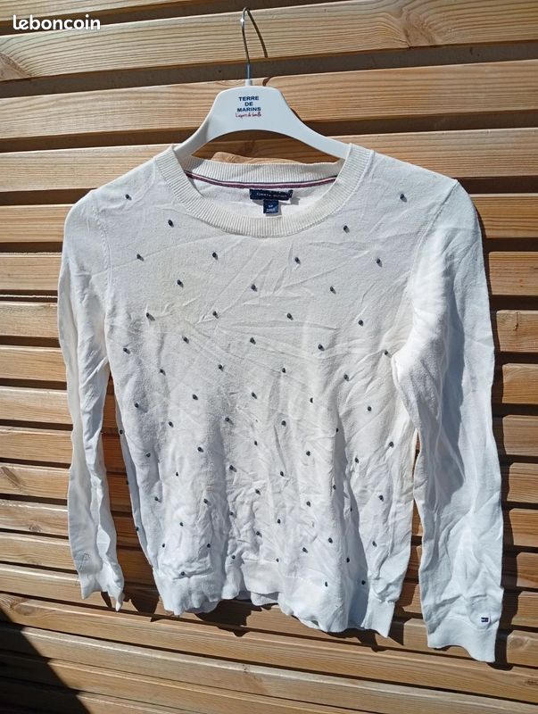 Pull Tommy Hilfiger blanc à pois bleu marine femme taille S (image 1)