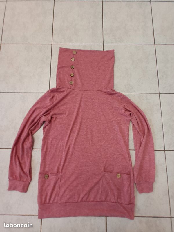Pull fin manches longues rose chiné col boule (image 2)
