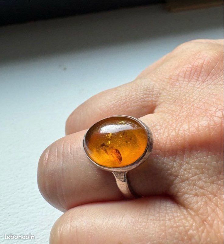 Bague En Argent Avec Cabochon D'Ambre - Taille 52 - Occasion - Style Bohème