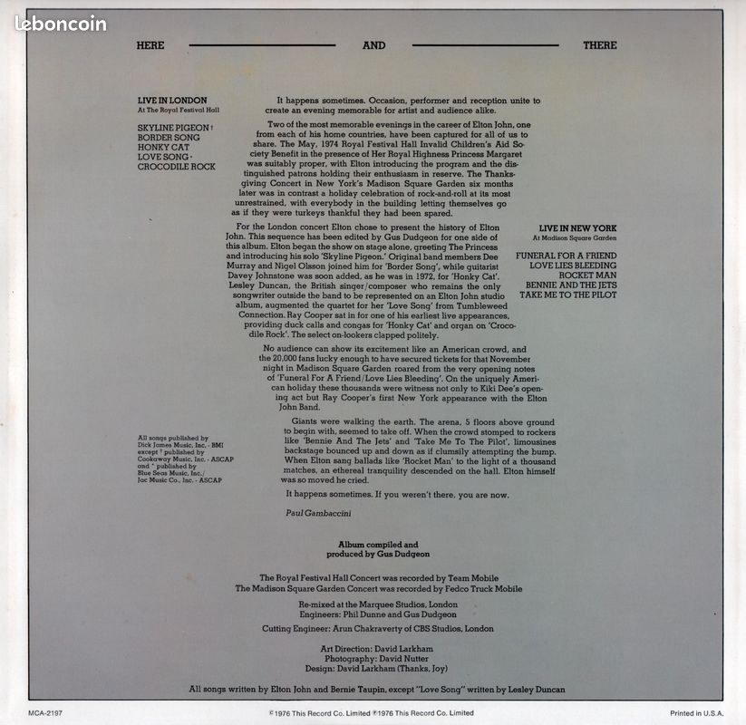 Elton John - Here and There - Vinyle Made in USA, MCA Records 993, 1976 - Honky Cat - Love Song - Crocodile Rock - Rocket Man - Bennie and the Jets - Take Me To The Pilot - Love Lies Bleeding... Etc (image 4)