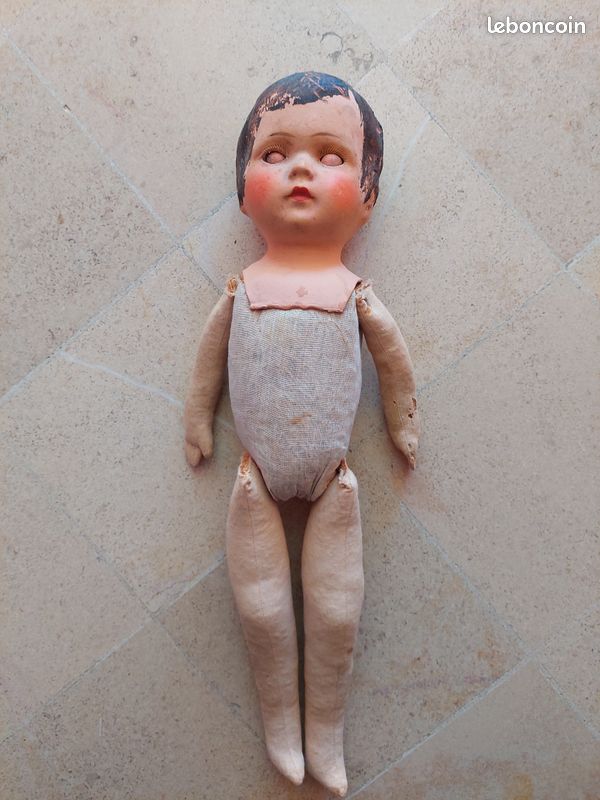 POUPEE TETE CARTON BOUILLI CHEVEUX D'ORIGINE HAUT 29 CM ANCIENNE