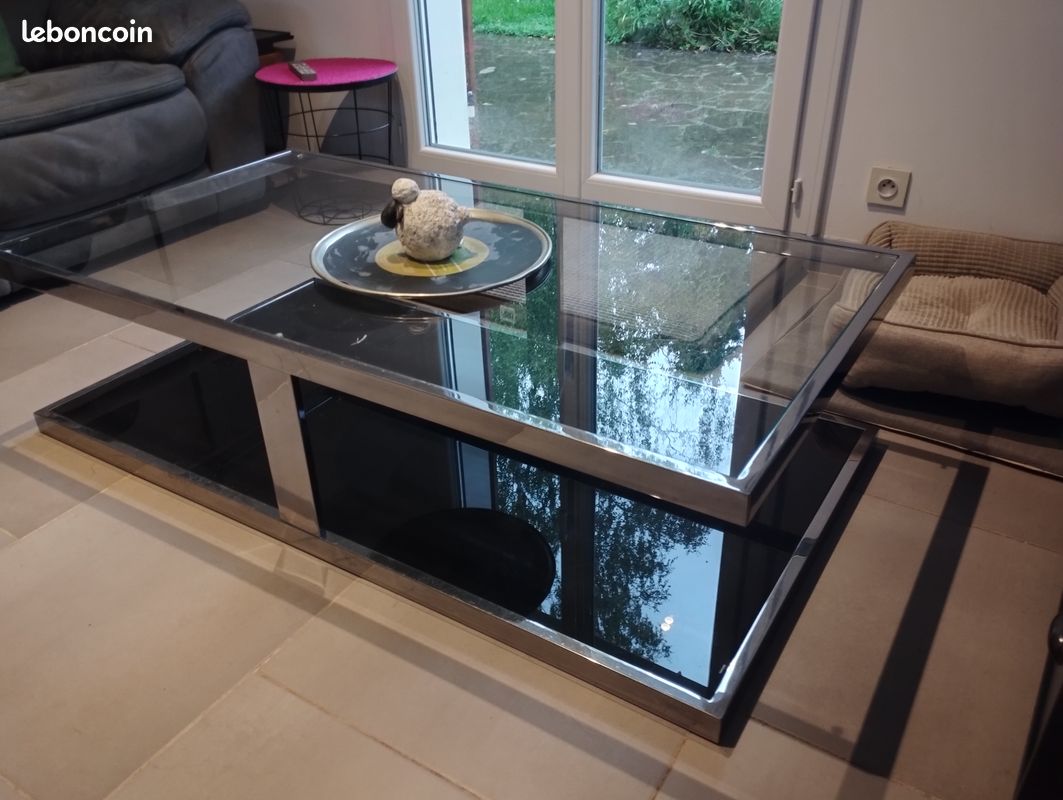 Table Basse Inox Années 70 Verre Miroir Fumé Vert | €499