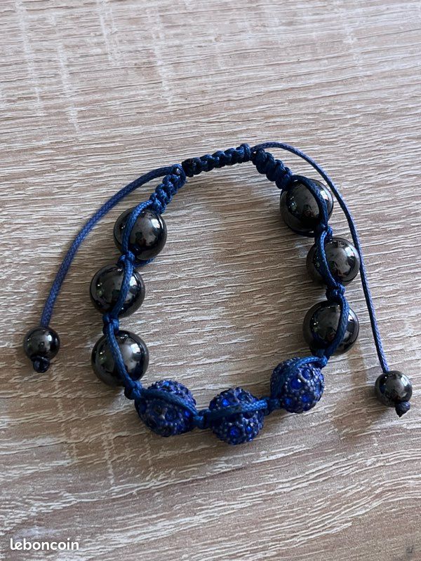 Bracelet fantaisie style Shamballa bleu & noir (image 3)