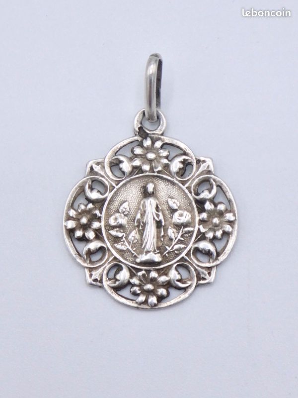 Ancien Pendentif Vierge Marie – Médaille Argent Massif – Bijou Vintage