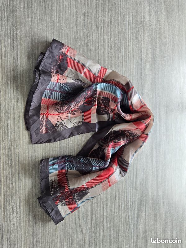 Foulard Carré En Soie Vintage Beige Et Marron - 65 X 65 Cm - Occasion Très Bon État