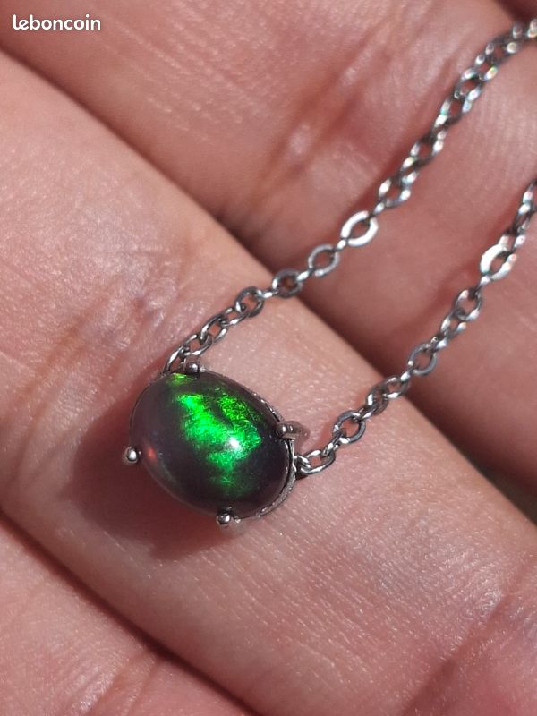 Collier acier inoxydable avec opale coulissante noire/verte de 8x5mm éthiopienne (image 4)