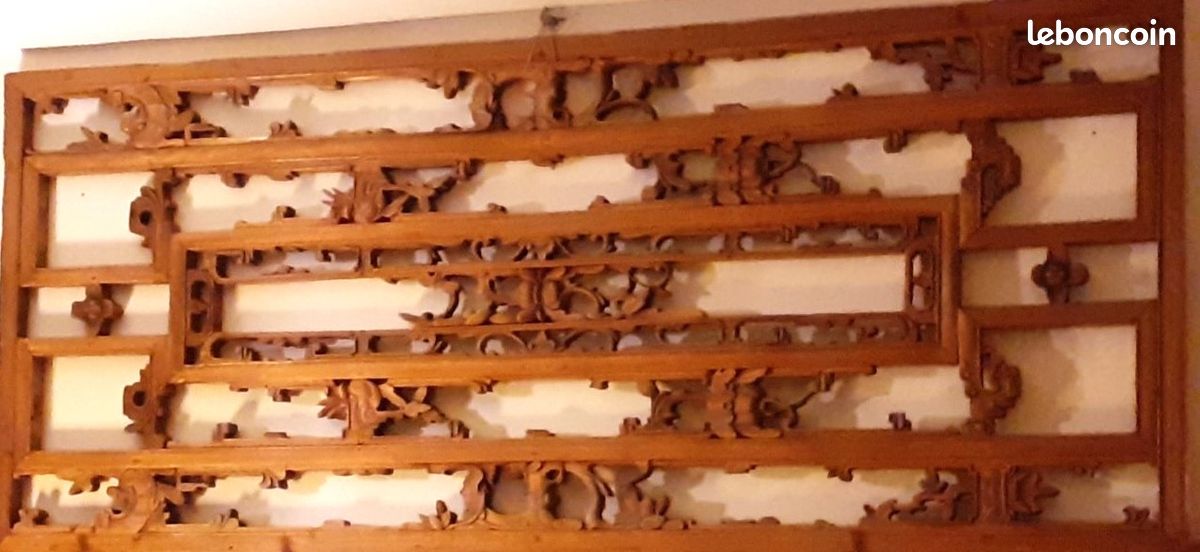 Ancien grand panneau chinois en bois sculpté fait main (image 9)