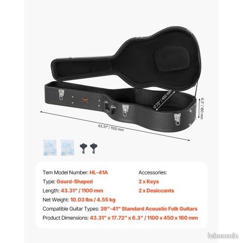 Étui de guitare VEVOR, étui rigide en forme de citrouille de 110 cm, avec serrure et poignée à clé, rembourrage en PVC, pour guitares acoustiques de 99 à 104 cm, noir (image 7)