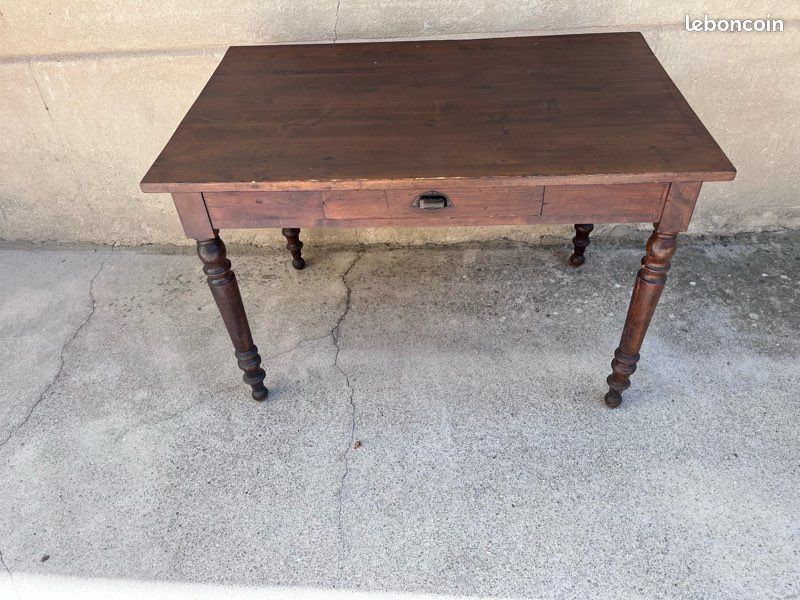 Table de ferme / Bureau ancien pieds tournés en bois massif — Option aérogommage / brut (image 1)