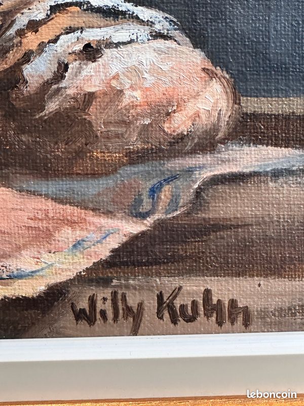 Tableau huile signée Willy Kuhn – nature morte moulin à café – encadré bois 40x32 cm (image 5)