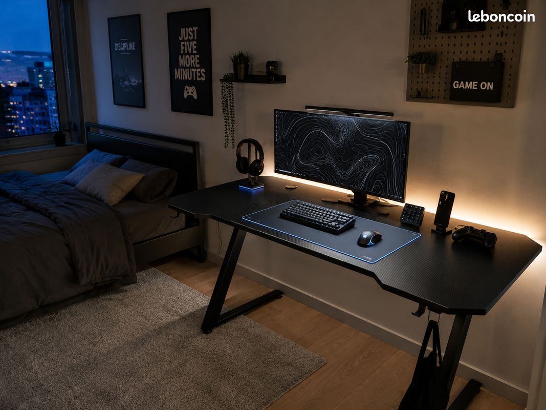 Bureau Gaming Gamer 120x60 cm – Tapis XXL, Passe-Câbles, Support Casque – Noir - Envoi offert (image 2)