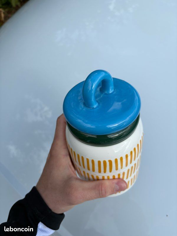 Pot à couvercle en céramique rayé jaune moutarde & bleu – Déco cuisine & rangement vintage (image 2)