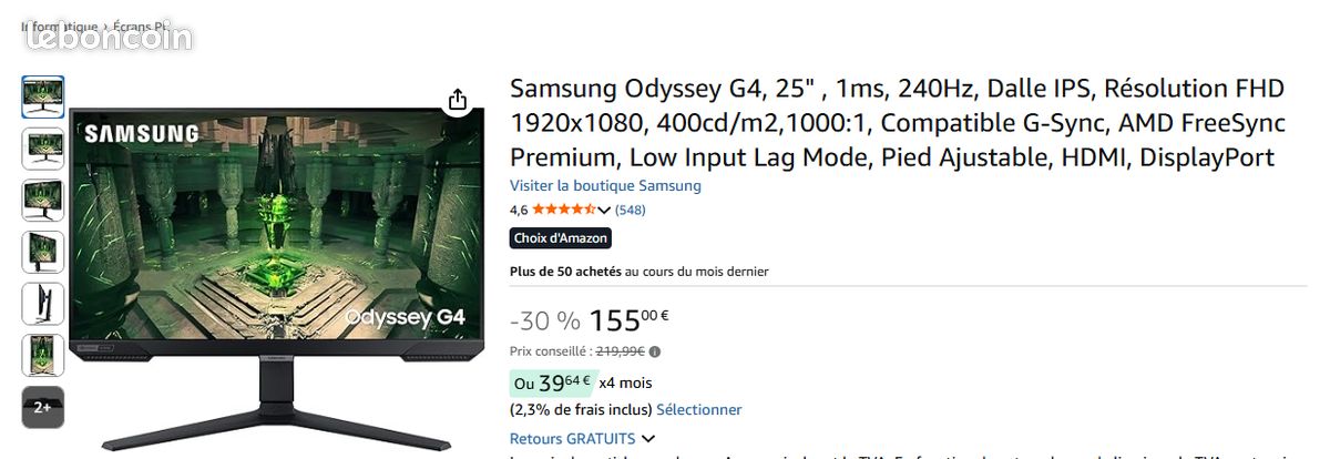 Écran gamer Samsung Odyssey G4 25" – 240 Hz / 1 ms – G-Sync / FreeSync – Très bon état (image 8)