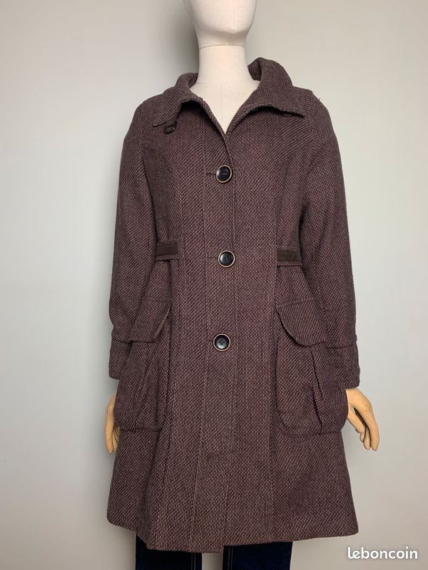 Manteau mi long en majorité laine chiné marron et violine Chattawak #chattawak (image 5)