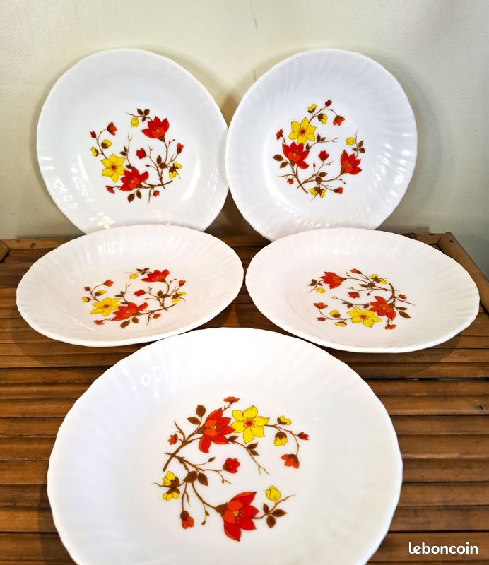Lot1 De 6 Assiettes Creuses Arcopal Vintage France D 21,5 Cm Fleurs Oranges Imgx2000 8827