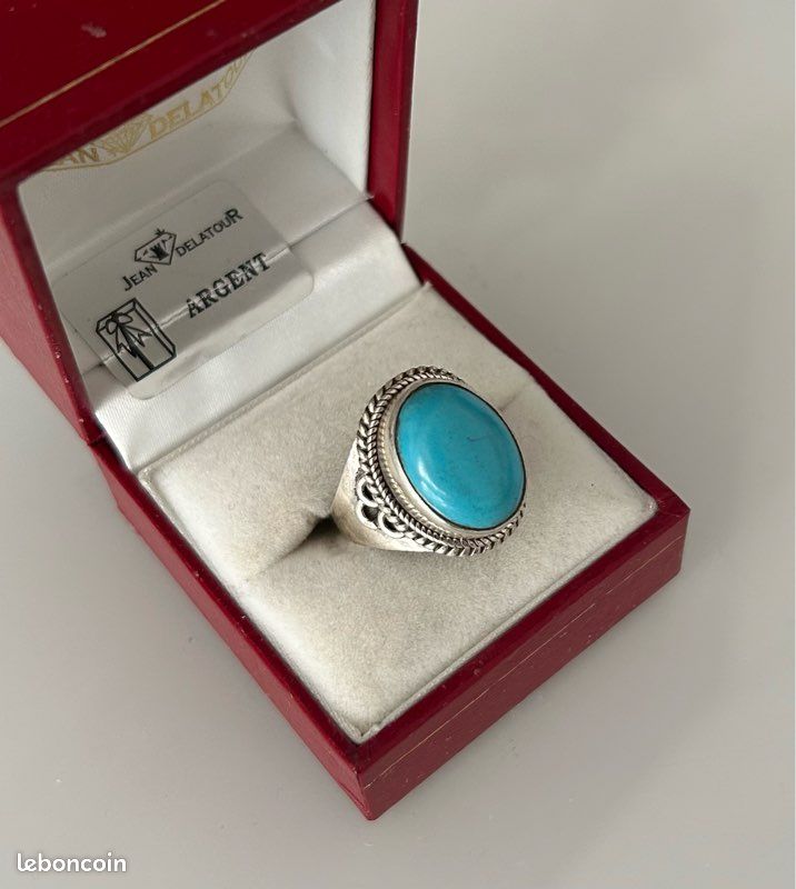 Bague Cocktail Argent 925 – Turquoise Naturelle Et Diamants, Coupe Baguette, Taille Ajustable