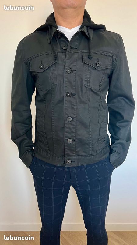 Blouson denim toile enduite noir Guess Taille L avec capuche (image 1)