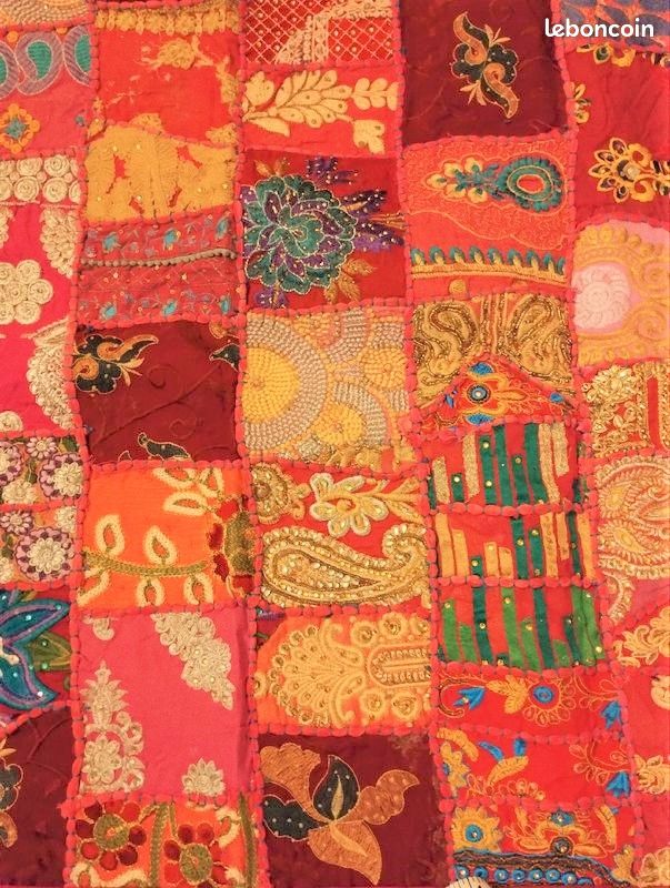 Tapisserie Indienne Patchwork - Murale Avec Perles Et Paillettes - 56x38 Cm
