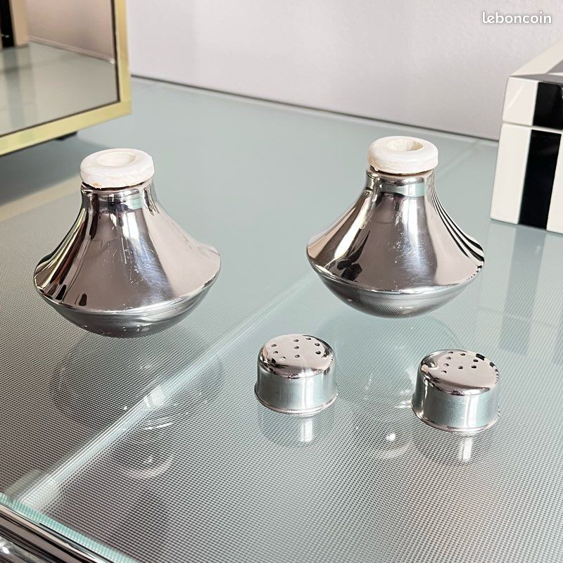 Salière Et Poivrière Cylindriques Chromées - Style Art Déco - Occasion Très Bon état