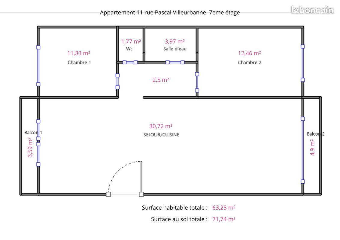 Appartement 3 pièces 64 m² · à Villeurbanne · 64 m² · 1 215 €/mois