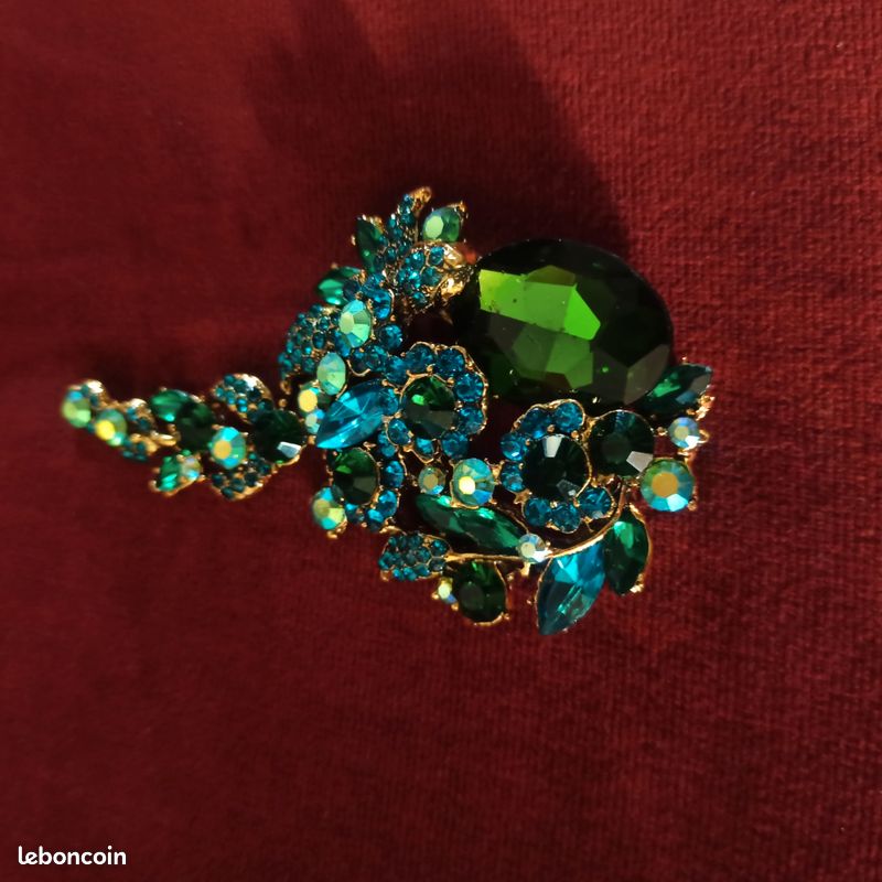 Broche Trembleuse Ancienne Art Déco – Strass Vert/bleu/transparent, Laiton, Très Bon état