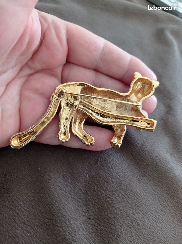 Broche Ancienne Art Déco Plaqué Or 18k 750 - Motif Léopard émaillé, Créateur