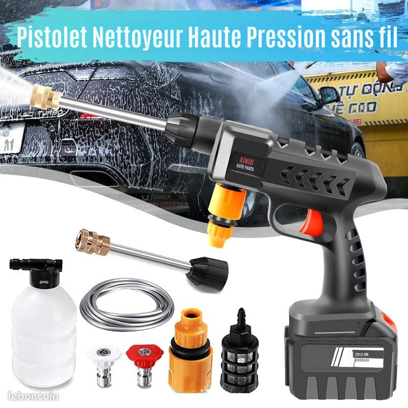 Nettoyeur Haute Pression Sans Fil Portable - Buse 6 En 1, Tuyau 5 M, Pulvérisateur Mousse - Pour Voiture, Sol, Jardin