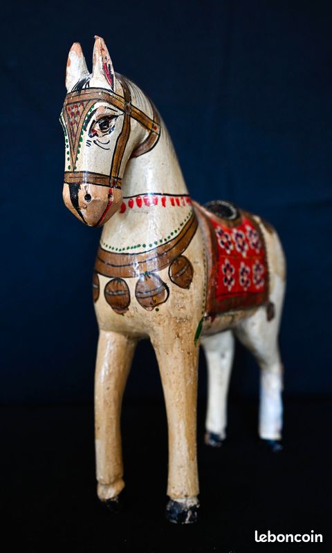 Cheval de mariage indien antique Ghodi peint à la main - Art Hindou du Rajastan - Figurine bois 26 cm (image 7)