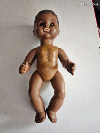 POUPÉE ANCIENNE : BAIGNEUR ANCIEN NOIR PETITCOLLIN- BON ÉTAT- 25 CM