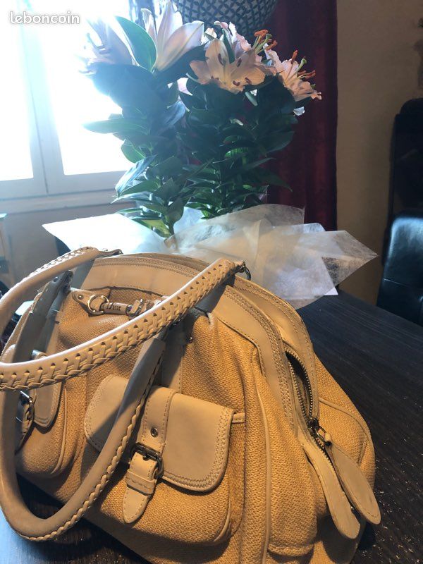 Grand Sac à main de luxe DIOR en cuir et toile beige (image 6)