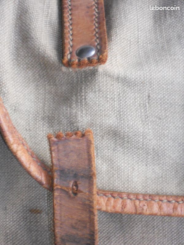 Ancien sac à linge | Militaire | En toile kaki et cuir | Brocante